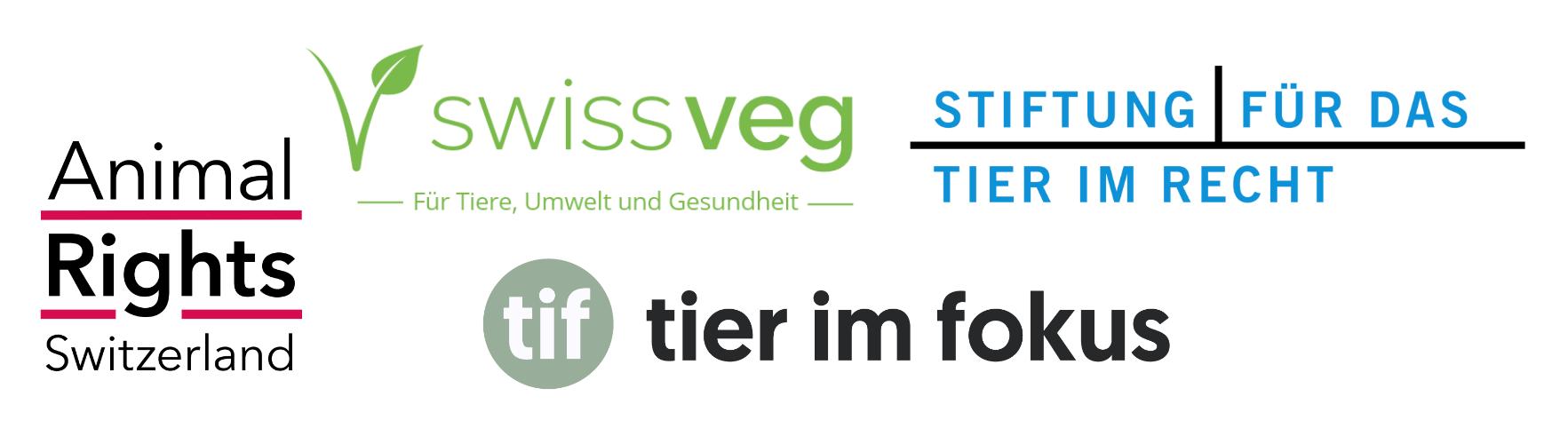 Logos: Animal Rights Switzerland, swissveg, Stiftung Für das Tier im Recht und tier im fokus