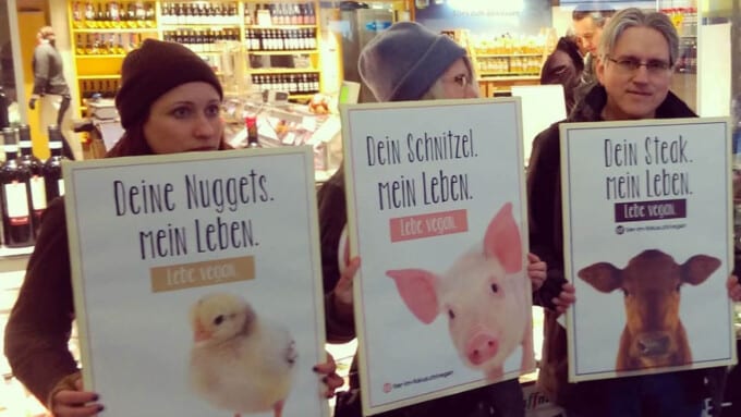 VeganerInnen protestieren vor Metzgerei in Bern